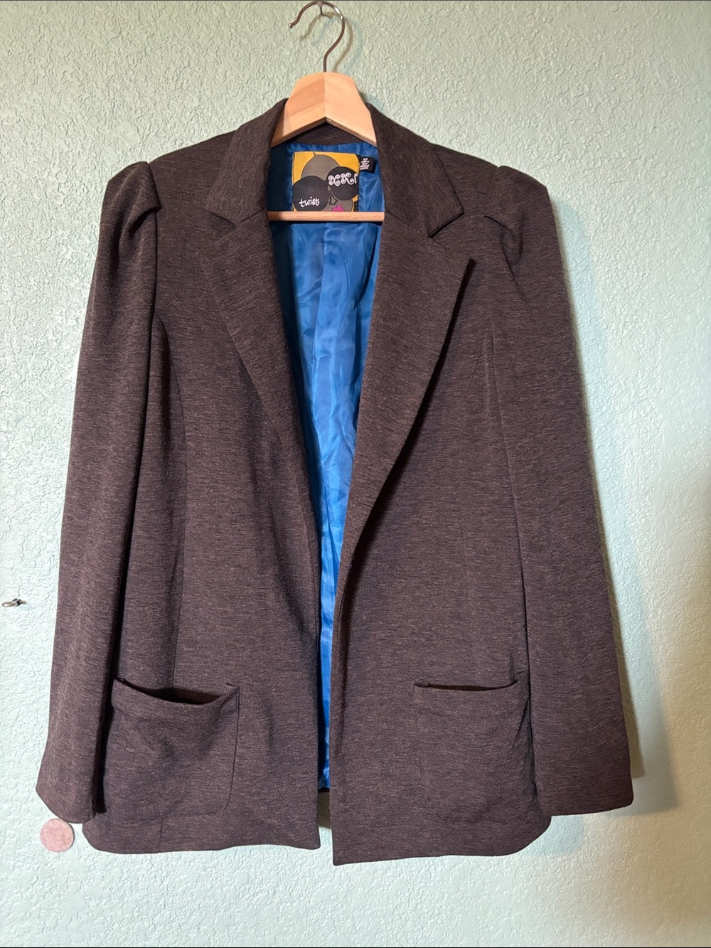 Womens Y2K Structured Dark Grey Blazer Blue Lining Shoulder Pads Size Small Good